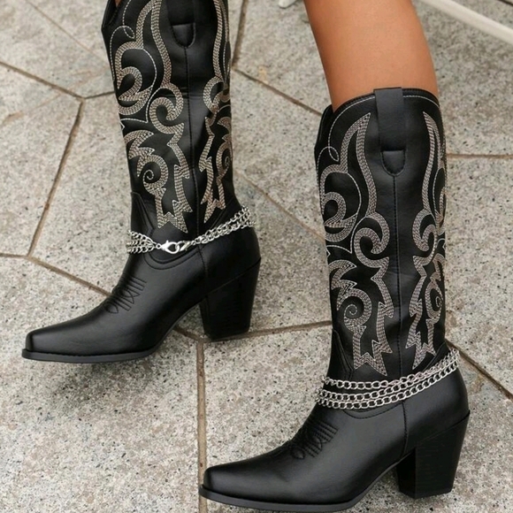 Shoes - Embroidered Thick Heel Western Style Boots With Chain Strap, Cowboy Boots